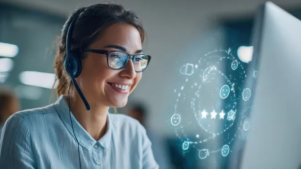 Profissional de atendimento com fone de ouvido e microfone Profissional de atendimento com fone de ouvido e microfone
