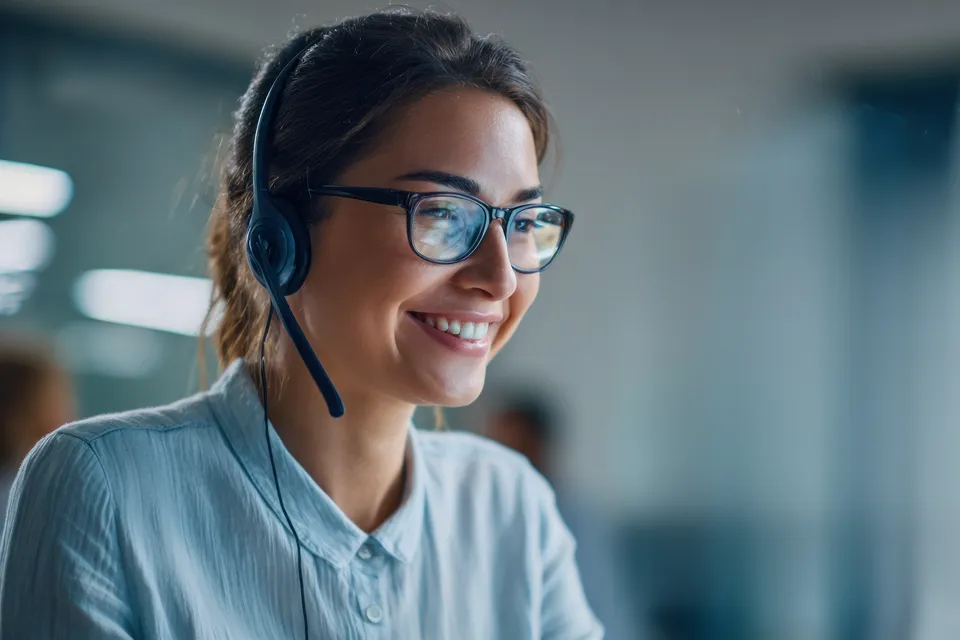 Profissional de atendimento com fone de ouvido e microfone Profissional de atendimento com fone de ouvido e microfone
